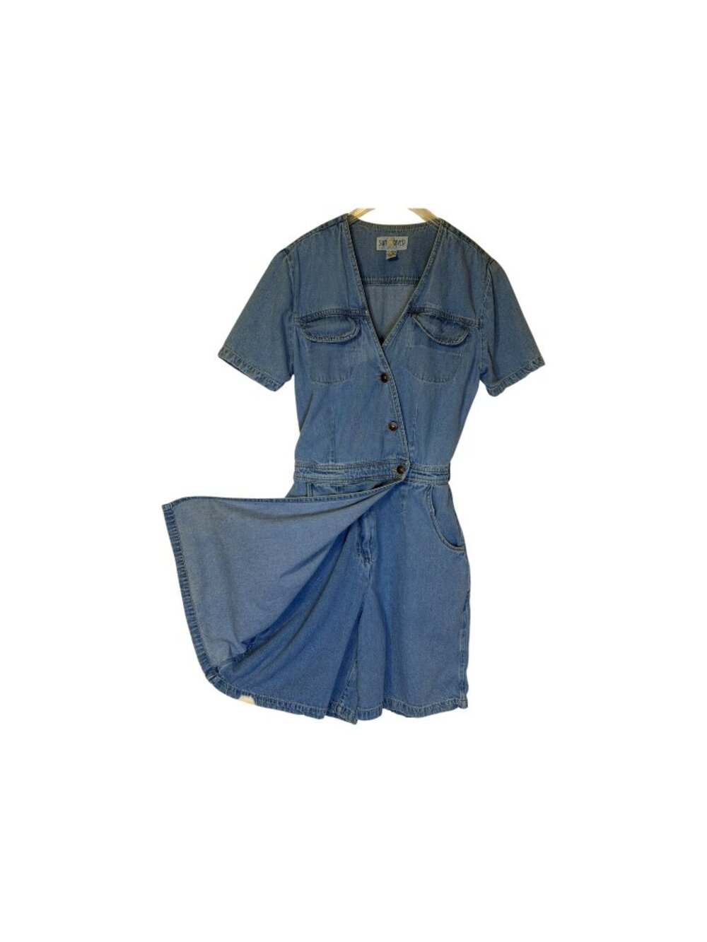 Vintage 90s Sun River Denim Shorts Romper Wrap Dress with Pockets - Size‎ 8